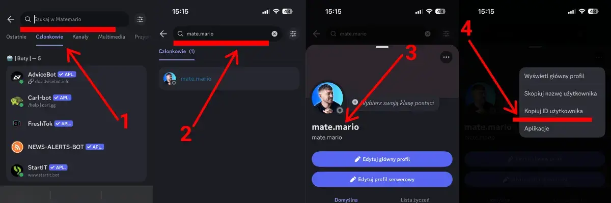 Kopiowanie Discord ID na telefonie